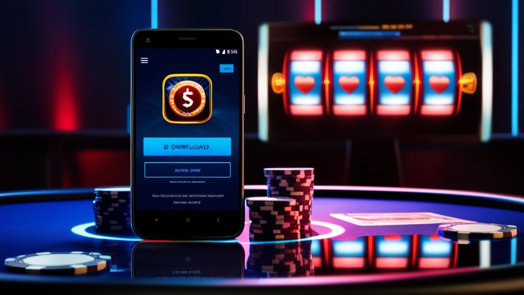 Android phone showing a casino app download screen in a neon-lit casino setting