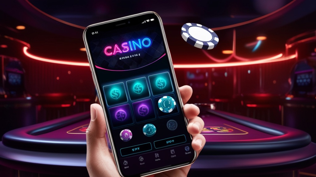 Casino app interface on a phone with neon lights and game tiles