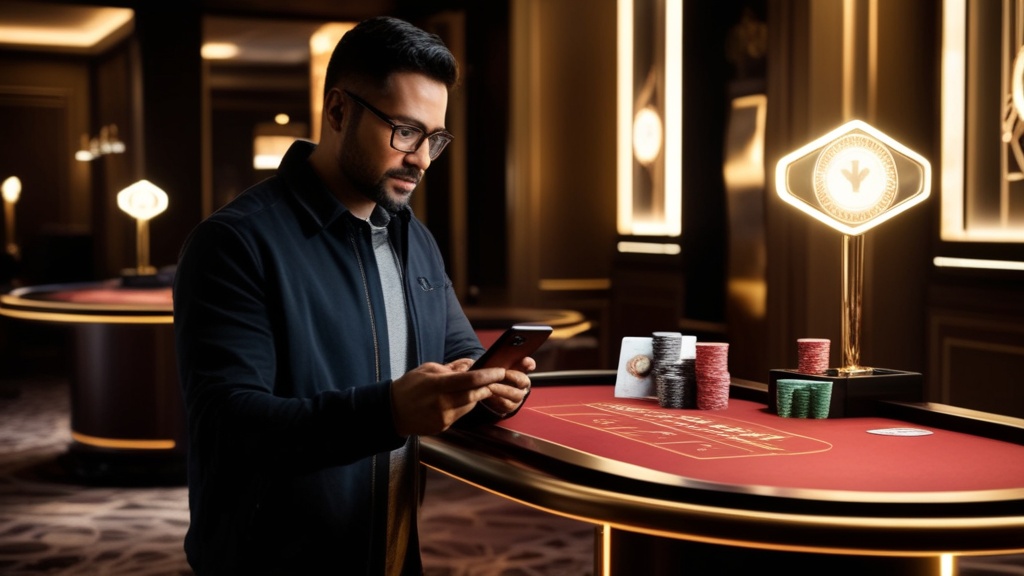Player checking bonus terms on a smartphone in a dark casino setting