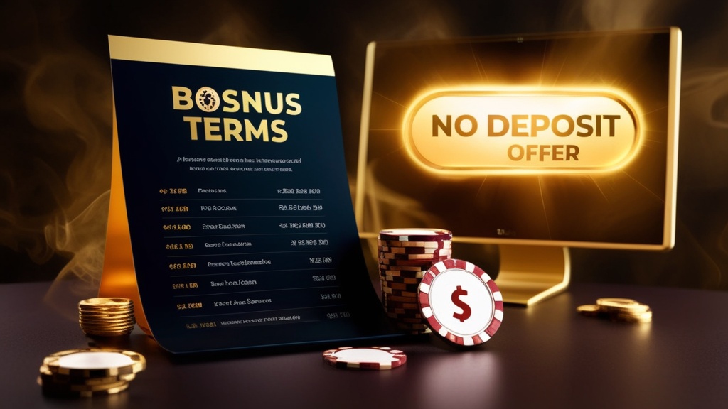 Casino bonus terms displayed beside chips and a no deposit offer screen