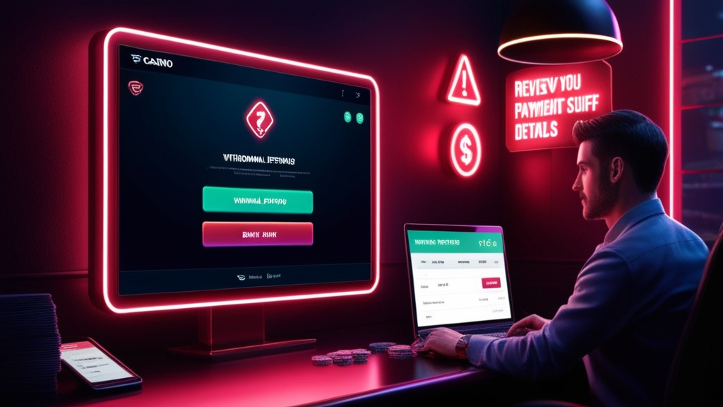 Casino support screen with payment error and withdrawal troubleshooting